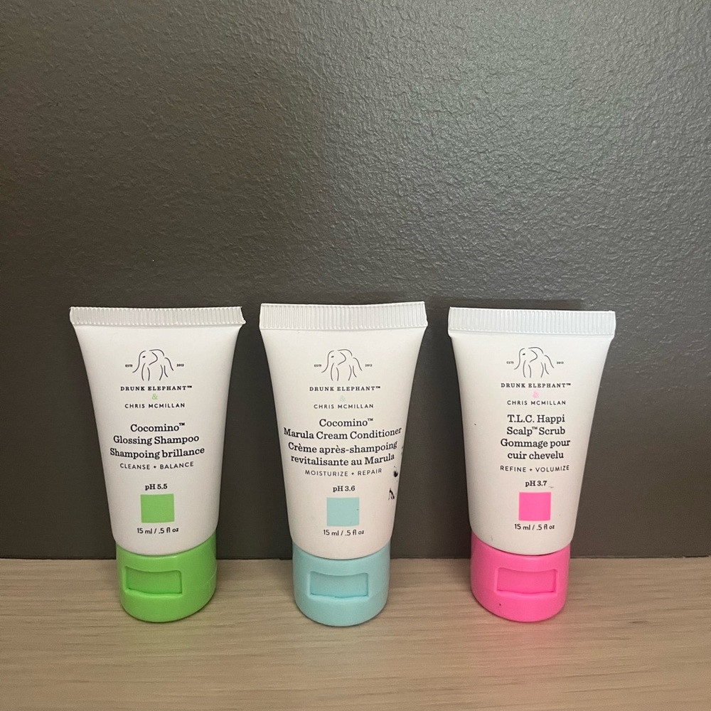 💟Drunk Elephant 15 ml Glossing Shampoo, Cream Conditioner, and Scalp Scrub!💟